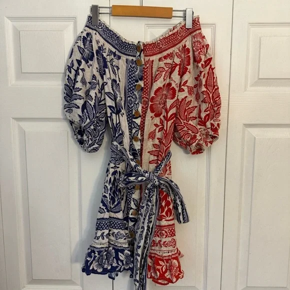 FARM Rio Mixed Pineapple Garden Off the Shoulder Mini Dress Red & Blue Medium - Picture 3 of 10